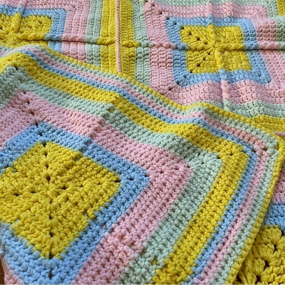 Afghan Crochet Throw Blanket Raised 3D Square Blanket Handmade Pastel Rainbow